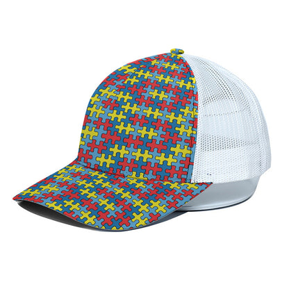 Autism Awareness Puzzle Print White Mesh Trucker Cap