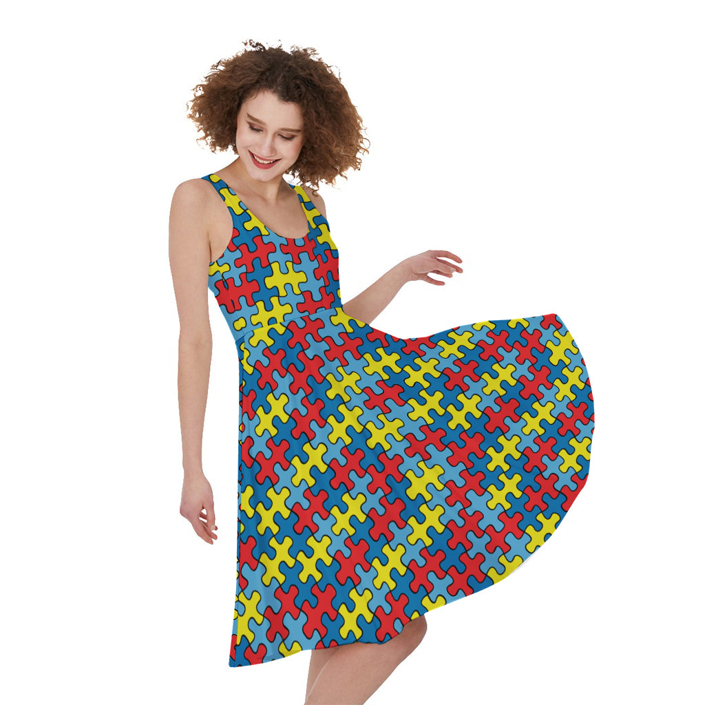 Autism Awareness Puzzle Print Women's Sleeveless Dress