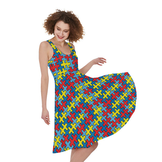Autism Awareness Puzzle Print Women's Sleeveless Dress