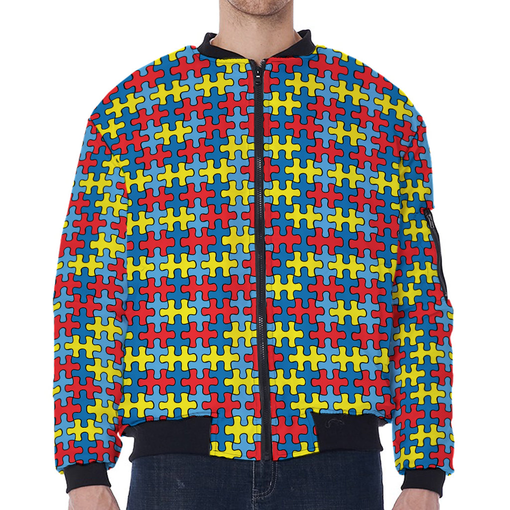 Autism Awareness Puzzle Print Zip Sleeve Bomber Jacket