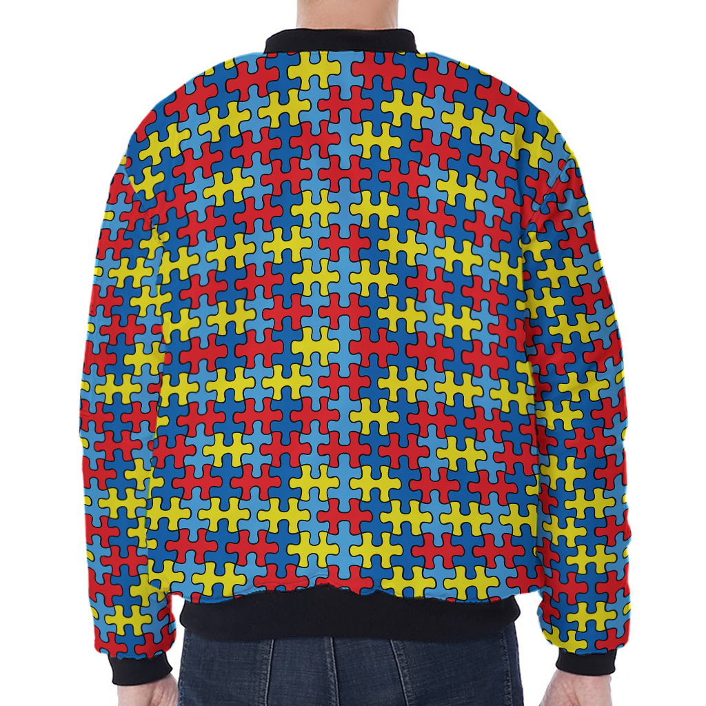 Autism Awareness Puzzle Print Zip Sleeve Bomber Jacket