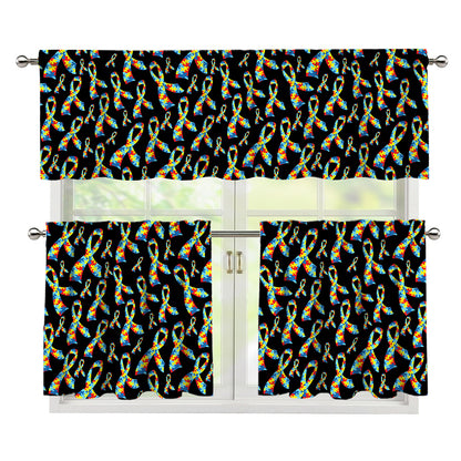 Autism Awareness Ribbon Pattern Print 3 Piece Kitchen Curtains