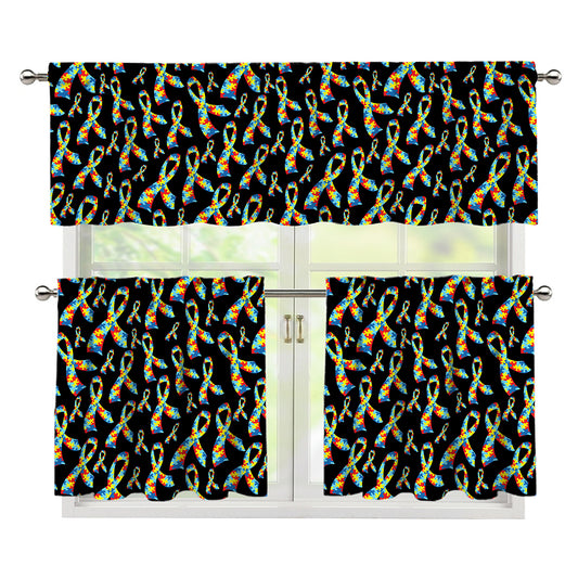 Autism Awareness Ribbon Pattern Print 3 Piece Kitchen Curtains