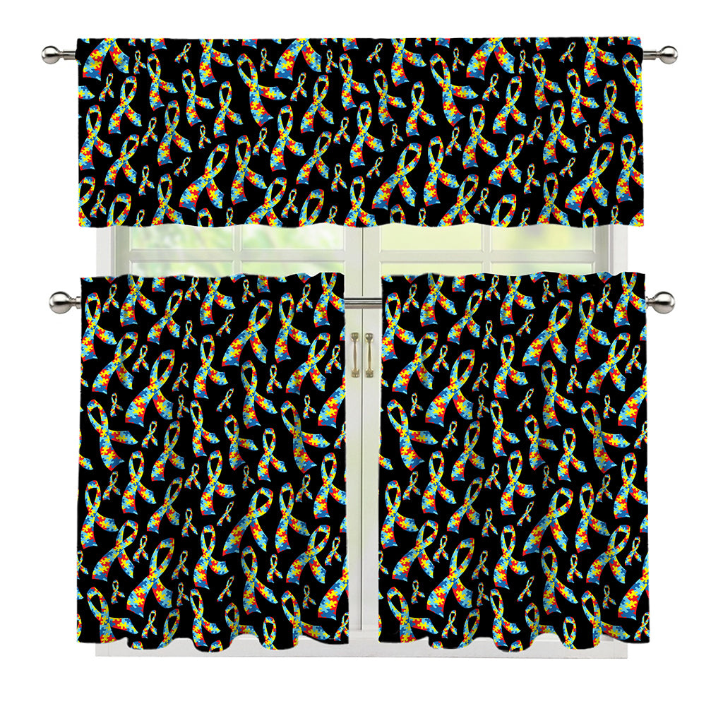 Autism Awareness Ribbon Pattern Print 3 Piece Kitchen Curtains
