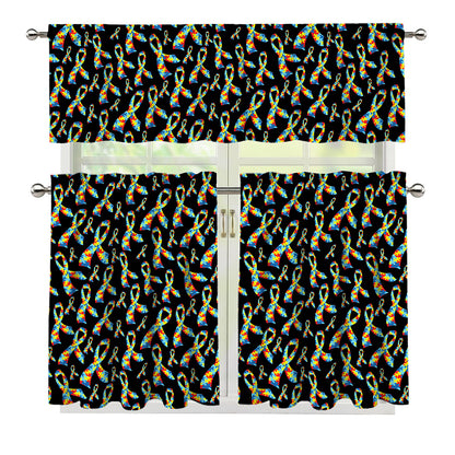 Autism Awareness Ribbon Pattern Print 3 Piece Kitchen Curtains