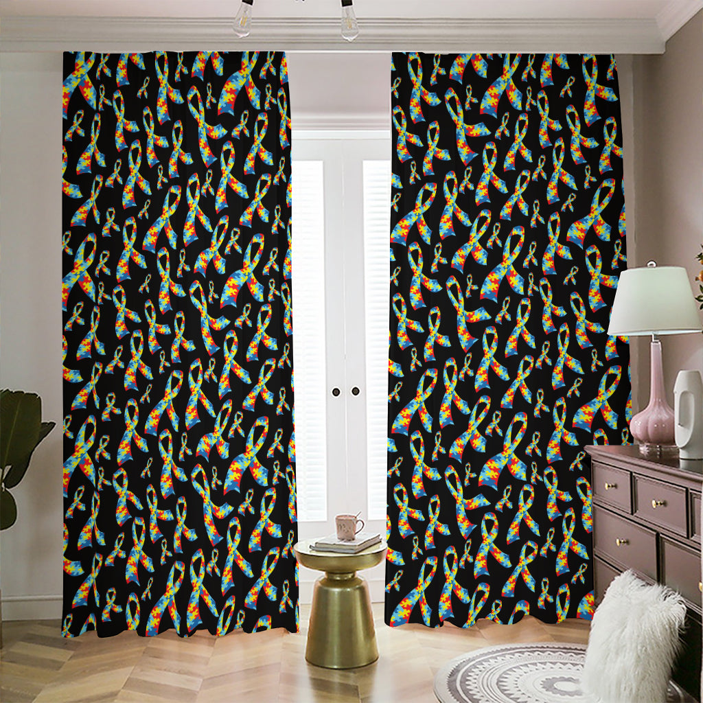 Autism Awareness Ribbon Pattern Print Blackout Pencil Pleat Curtains