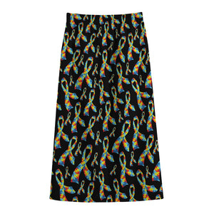 Autism Awareness Ribbon Pattern Print Cotton Front Slit Maxi Skirt