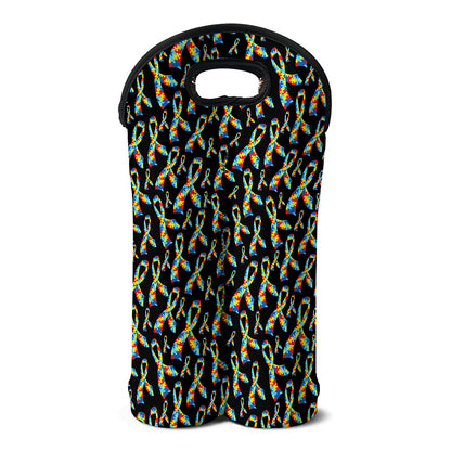 Autism Awareness Ribbon Pattern Print Double Neoprene Wine Tote