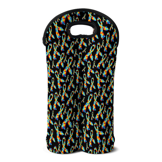 Autism Awareness Ribbon Pattern Print Double Neoprene Wine Tote