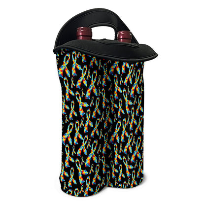 Autism Awareness Ribbon Pattern Print Double Neoprene Wine Tote