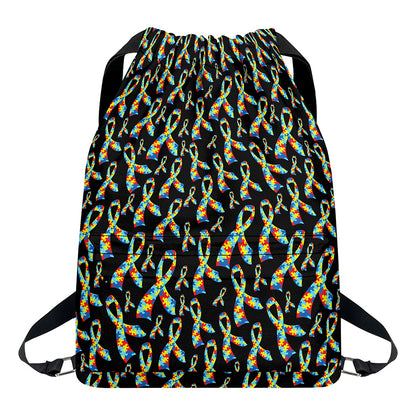 Autism Awareness Ribbon Pattern Print Drawstring Backpack