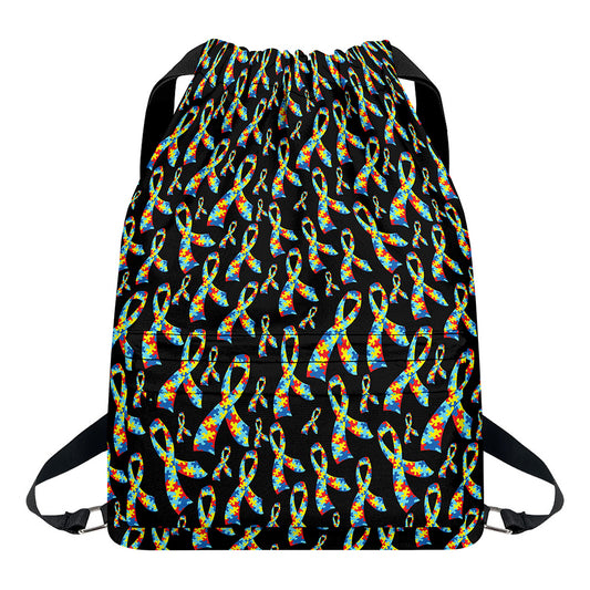 Autism Awareness Ribbon Pattern Print Drawstring Backpack