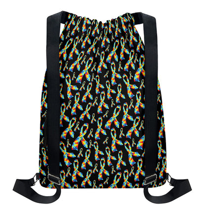 Autism Awareness Ribbon Pattern Print Drawstring Backpack