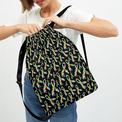 Autism Awareness Ribbon Pattern Print Drawstring Backpack
