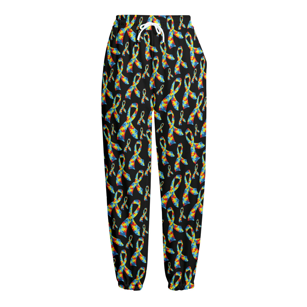 Autism Awareness Ribbon Pattern Print Fleece Lined Knit Pants