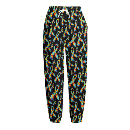 Autism Awareness Ribbon Pattern Print Fleece Lined Knit Pants