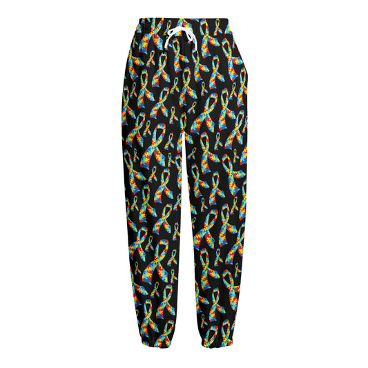 Autism Awareness Ribbon Pattern Print Fleece Lined Knit Pants