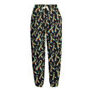 Autism Awareness Ribbon Pattern Print Fleece Lined Knit Pants