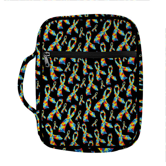 Autism Awareness Ribbon Pattern Print Front Pocket Bible Bag