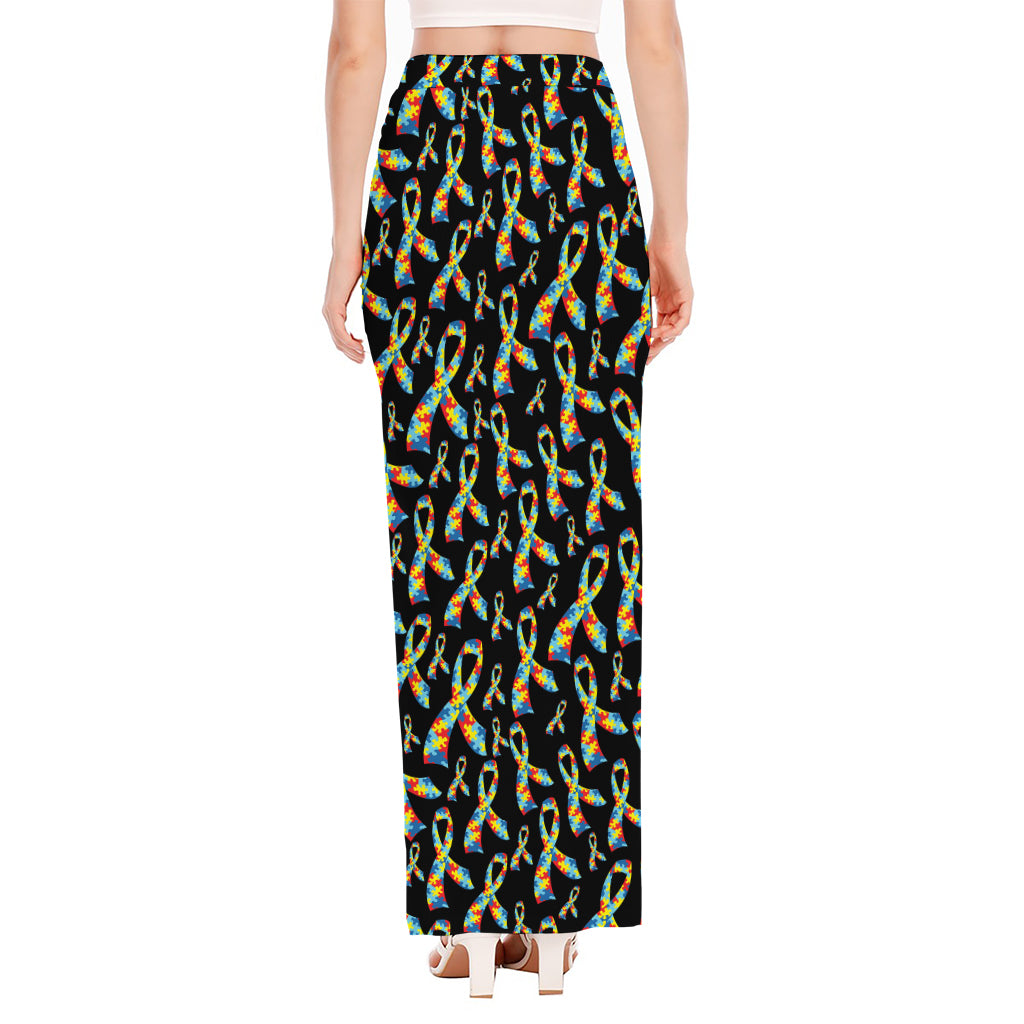 Autism Awareness Ribbon Pattern Print High Slit Maxi Skirt