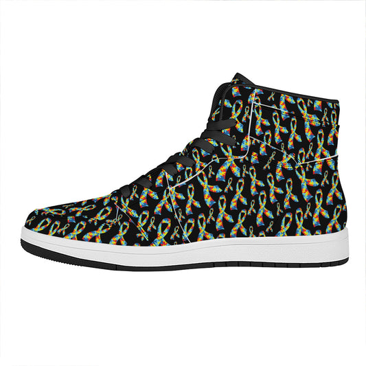 Autism Awareness Ribbon Pattern Print High Top Leather Sneakers
