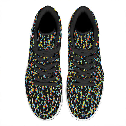 Autism Awareness Ribbon Pattern Print High Top Leather Sneakers
