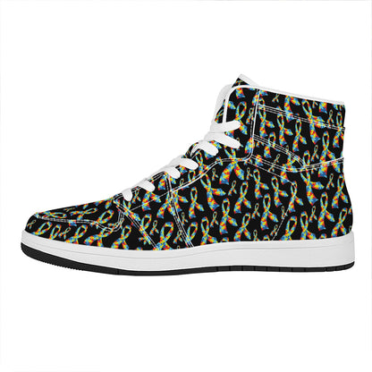 Autism Awareness Ribbon Pattern Print High Top Leather Sneakers