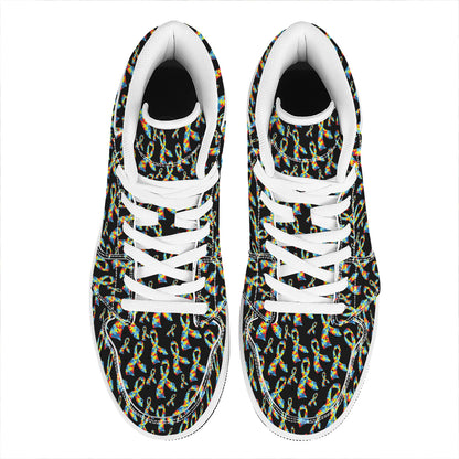 Autism Awareness Ribbon Pattern Print High Top Leather Sneakers