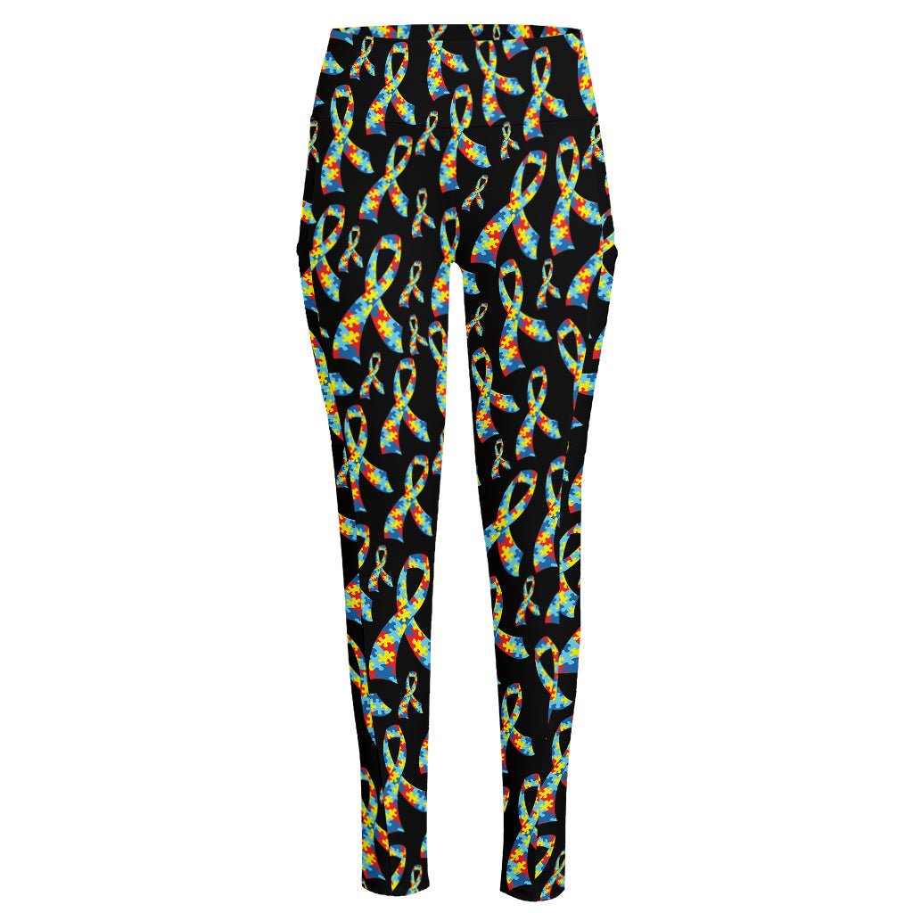 Autism Awareness Ribbon Pattern Print High-Waisted Pocket Leggings