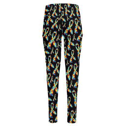 Autism Awareness Ribbon Pattern Print High-Waisted Pocket Leggings