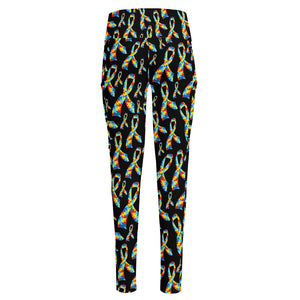 Autism Awareness Ribbon Pattern Print High-Waisted Pocket Leggings