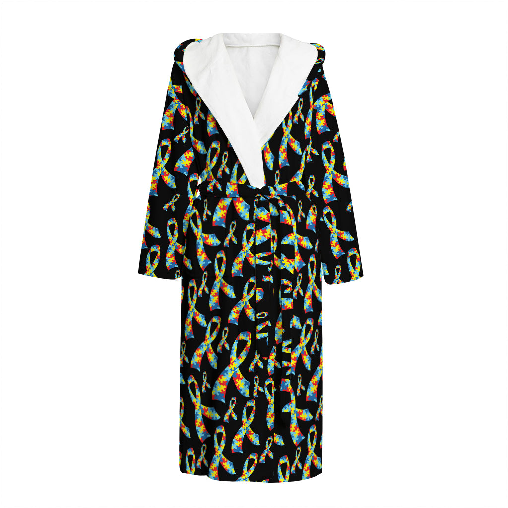 Autism Awareness Ribbon Pattern Print Hooded Bathrobe