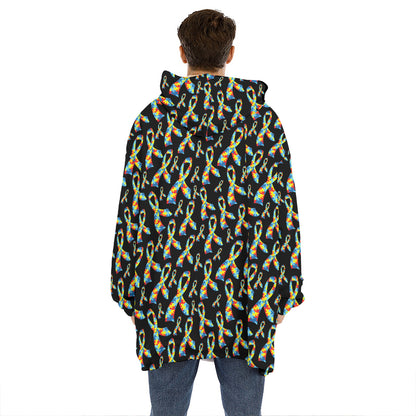 Autism Awareness Ribbon Pattern Print Hoodie Blanket