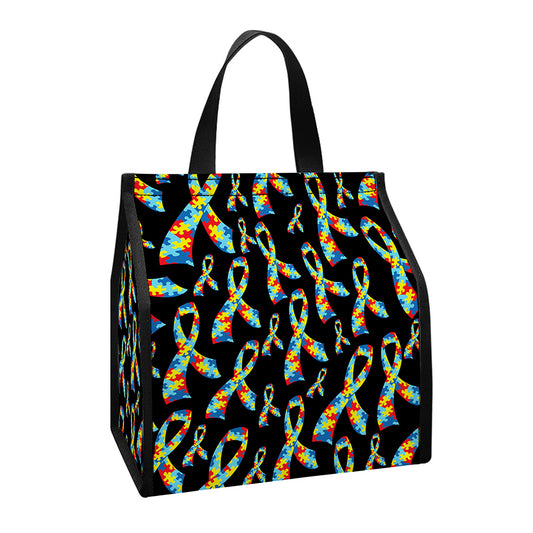 Autism Awareness Ribbon Pattern Print Insulated Lunch Tote