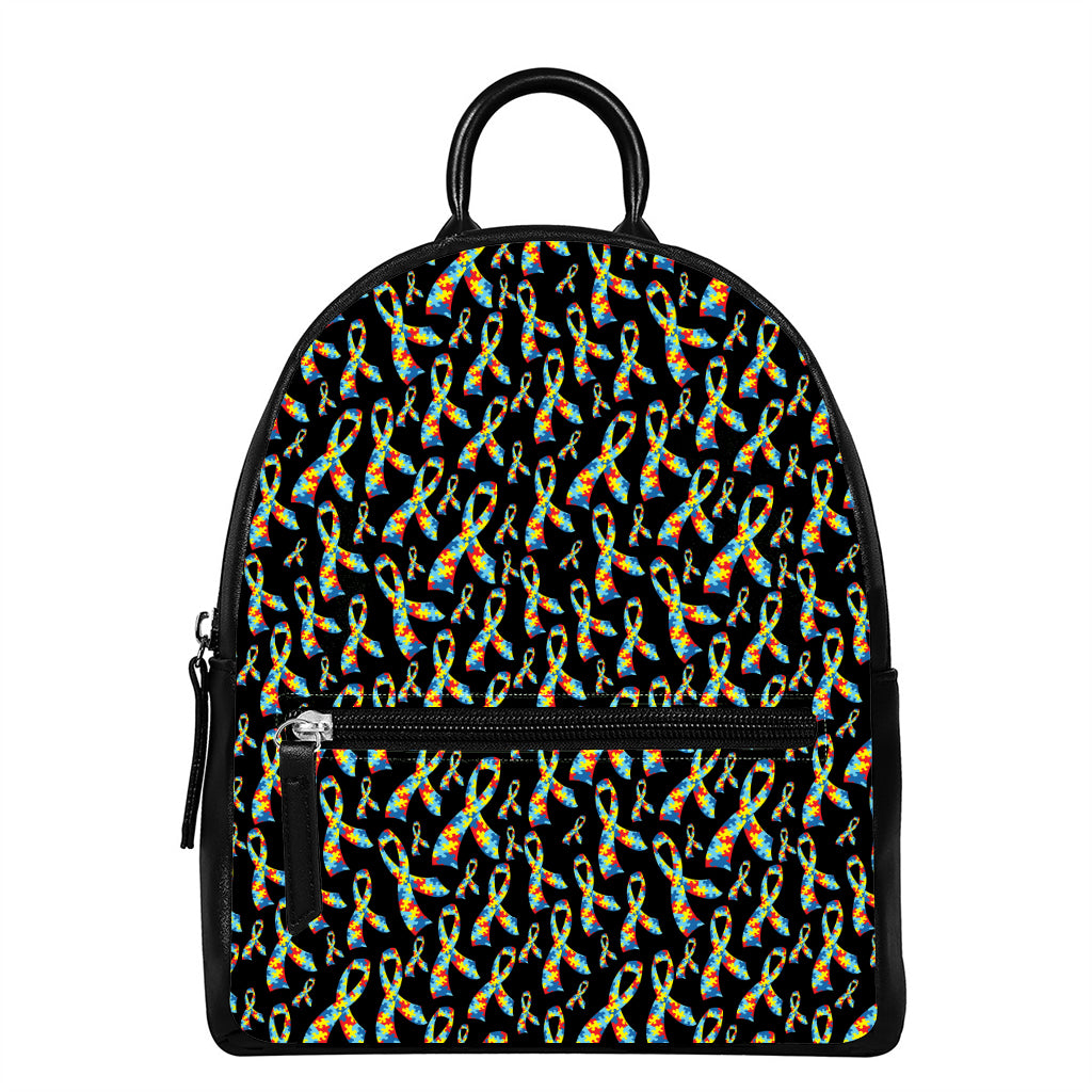 Autism Awareness Ribbon Pattern Print Leather Backpack