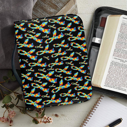 Autism Awareness Ribbon Pattern Print Leather Bible Cover