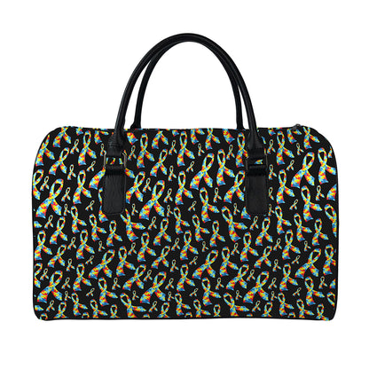Autism Awareness Ribbon Pattern Print Leather Duffle Bag