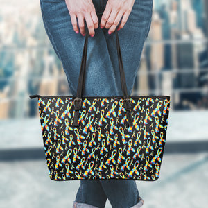 Autism Awareness Ribbon Pattern Print Leather Tote Bag