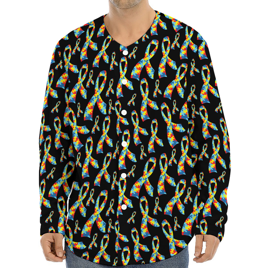 Autism Awareness Ribbon Pattern Print Long Sleeve Baseball Jersey