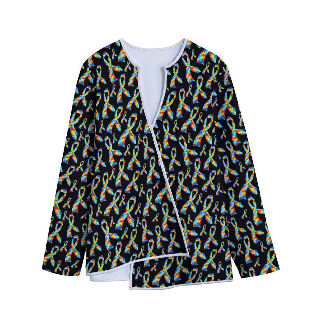 Autism Awareness Ribbon Pattern Print Long Sleeve Short Coat