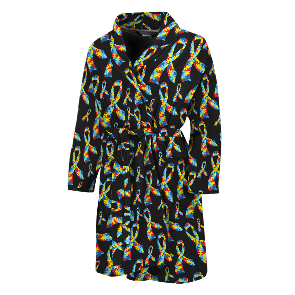 Autism Awareness Ribbon Pattern Print Men's Bathrobe