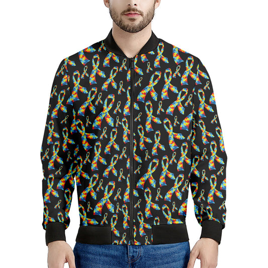 Autism Awareness Ribbon Pattern Print Men's Bomber Jacket