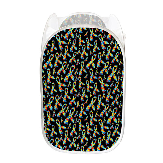 Autism Awareness Ribbon Pattern Print Mesh Laundry Hamper