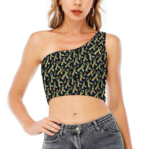 Autism Awareness Ribbon Pattern Print One Shoulder Crop Top