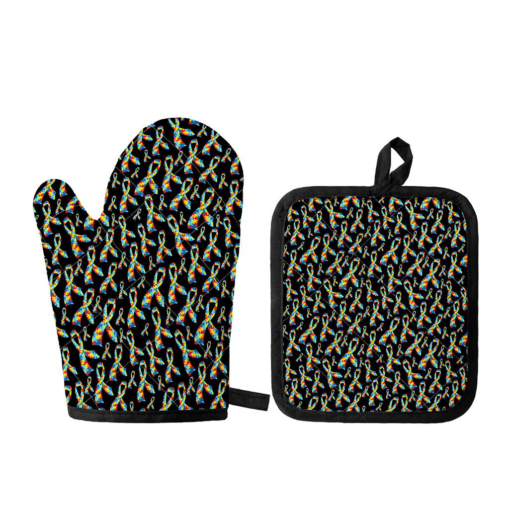 Autism Awareness Ribbon Pattern Print Oven Mitt And Pot Holder Set