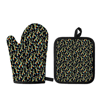 Autism Awareness Ribbon Pattern Print Oven Mitt And Pot Holder Set