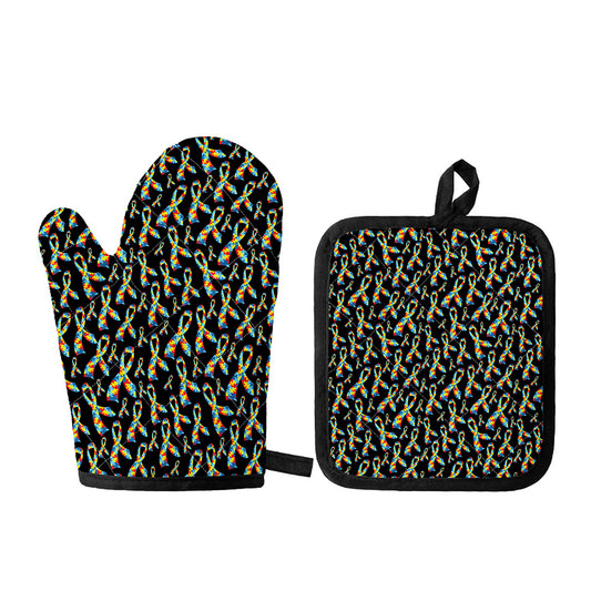Autism Awareness Ribbon Pattern Print Oven Mitt And Pot Holder Set