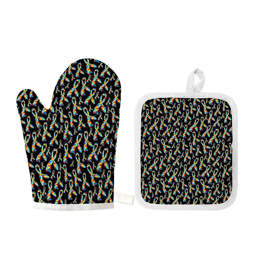 Autism Awareness Ribbon Pattern Print Oven Mitt And Pot Holder Set