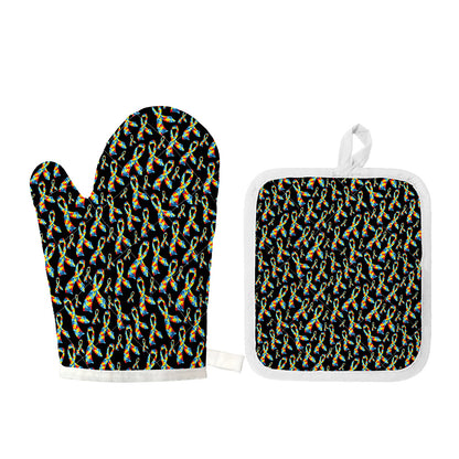 Autism Awareness Ribbon Pattern Print Oven Mitt And Pot Holder Set