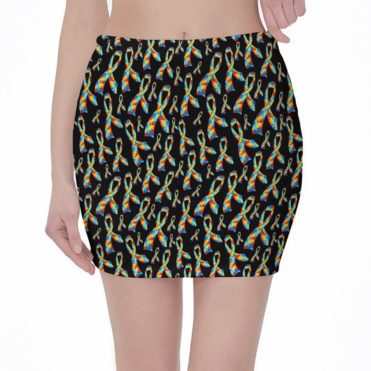 Autism Awareness Ribbon Pattern Print Pencil Mini Skirt